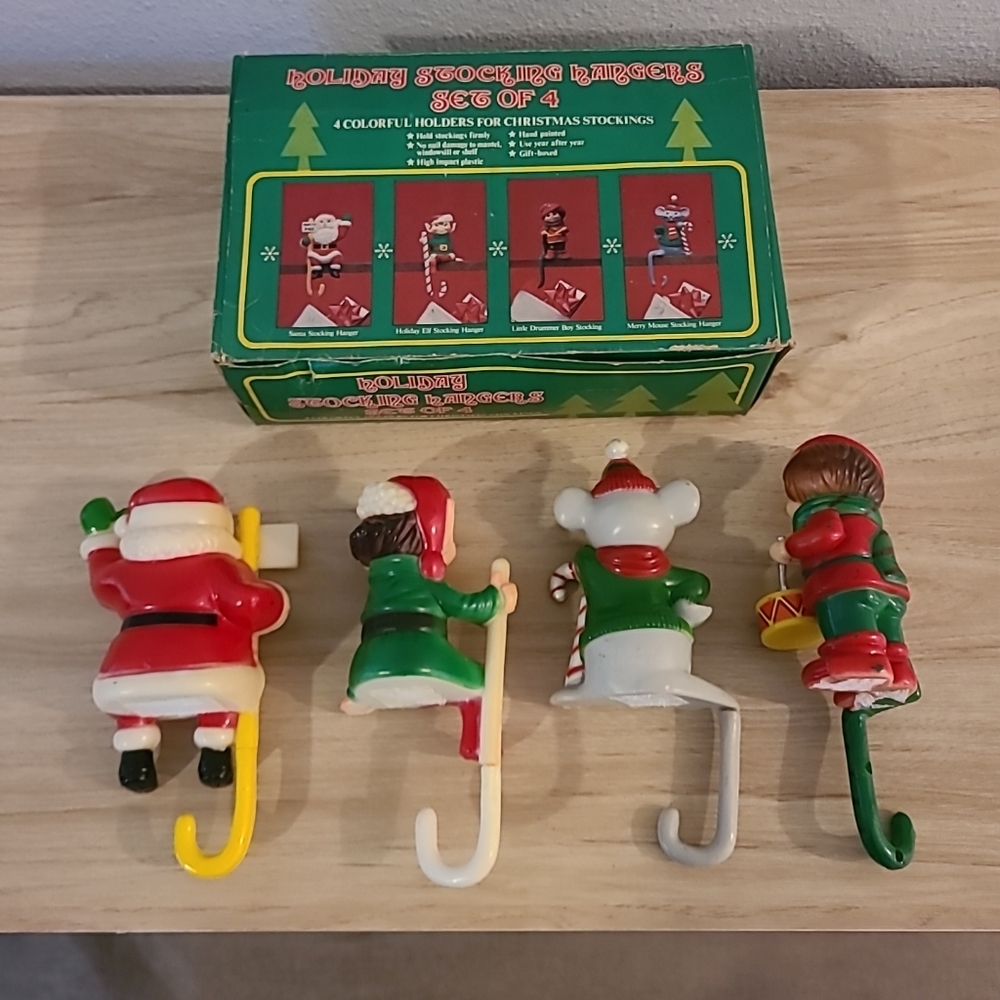 Vintage 7" Holiday Christmas Stocking Hangers Hard Plastic Hong Kong Set Of 4